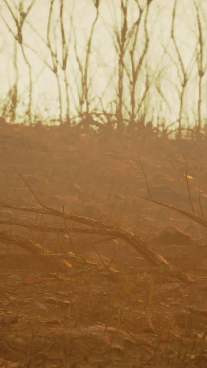 Wildfire aftermath in a barren landscape during twilight in a remote area