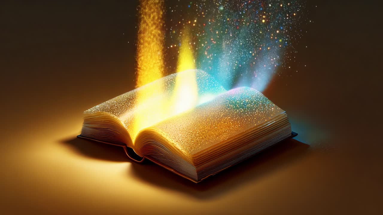 A Magical Journey Through an Open Book: Discover the Enchanting World Within as Stardust and Vibrant Colors Emerge from Its Pages in a Dazzling Display of Imagination and Wonder