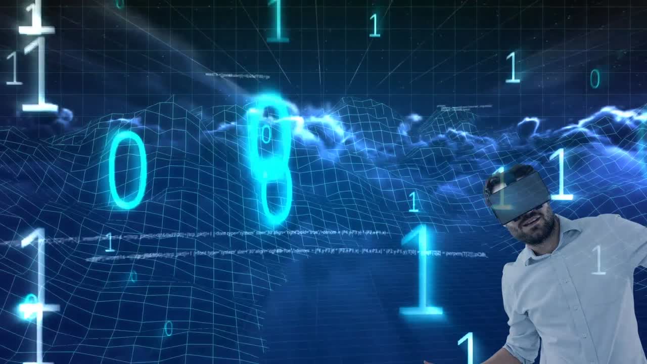 hombre caucásico con auriculares vr sobre procesamiento de datos y estructuras de montañas en 3d y nubes oscuras