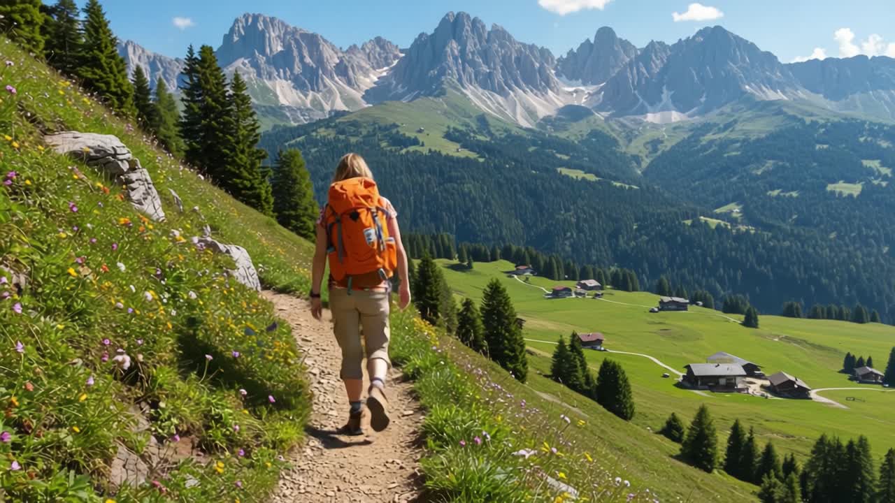 A Solo Hiker With an Orange Backpack Treks Through Lush Green Meadows Surrounded by Majestic Mountains and Vibrant Wildflowers on a Sunny Day