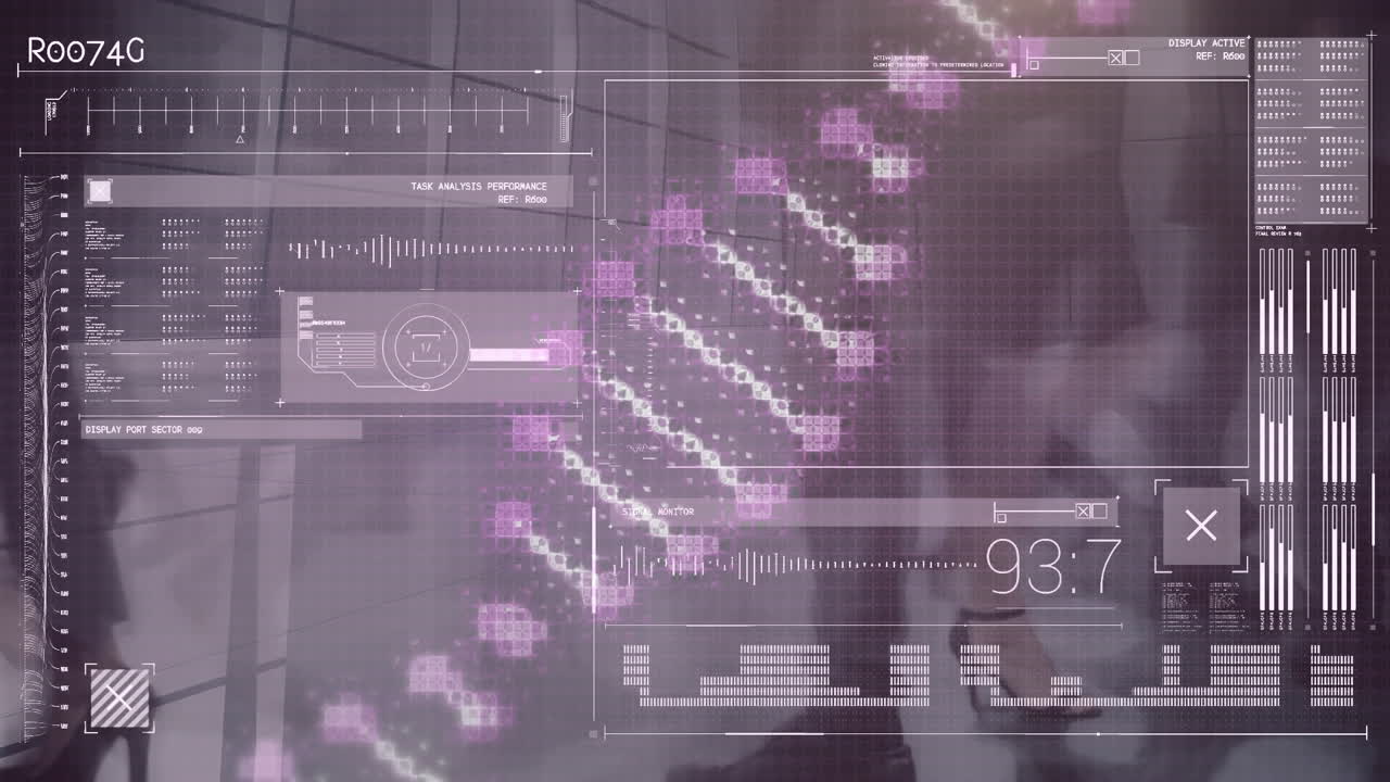 animación de cadena de adn y procesamiento de datos sobre hombres de negocios caminando en la oficina