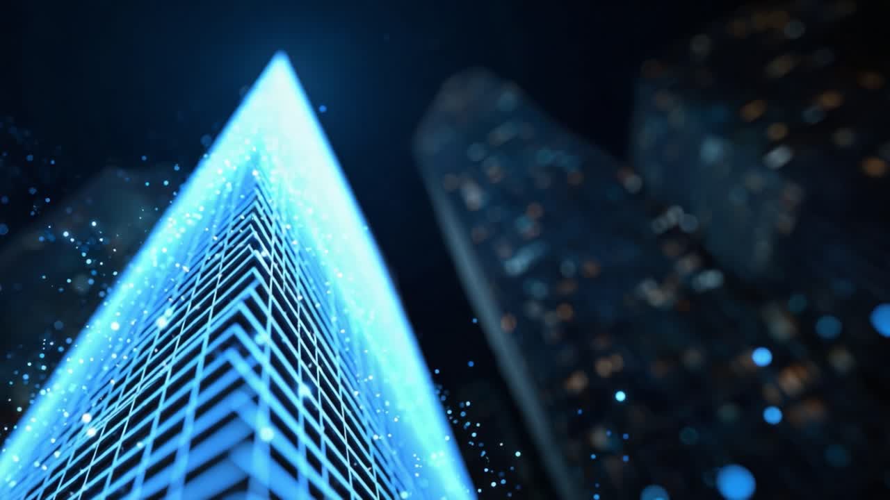 High-tech modern skyscraper illuminated by blue lights and data particles, creating a futuristic cityscape at night with shimmering digital effects and reflections
