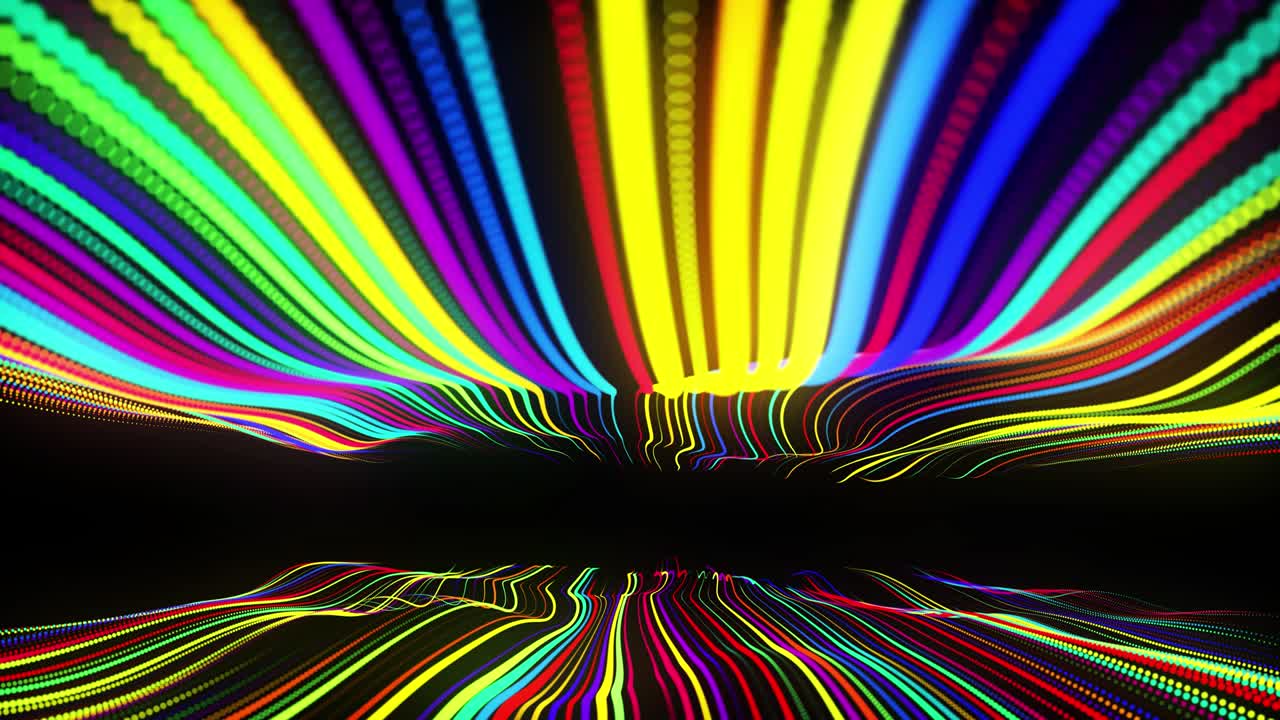vj bucle festivo con partículas multicolores y cámara animada suave. bg 3d abstracto con partículas de brillo alineadas en fila a lo largo de líneas onduladas curvas en el espacio 3d. fondo de diseño de movimiento.