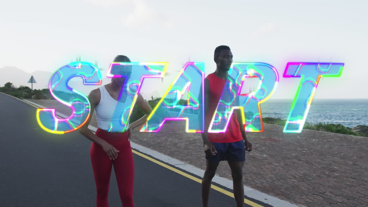 Animation of the word start in colourful letters over couple exercising running on mountain road