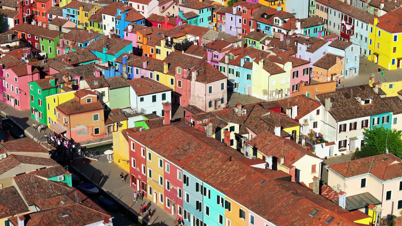 Aerial drone view of the colourful houses of Burano Island, Italy