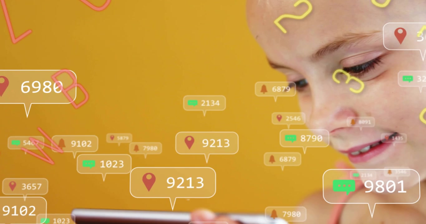 Female child tapping tablet on mustard, causing floating badges clustering near face for tech demo