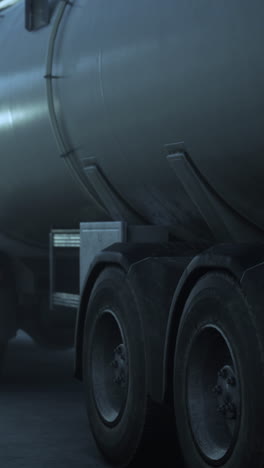 a close-up of a tanker truck's rear wheels