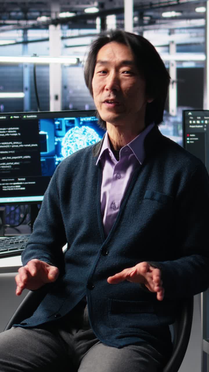 Vertical video Data center admin waving hand, filming presentation tour, showcasing AI