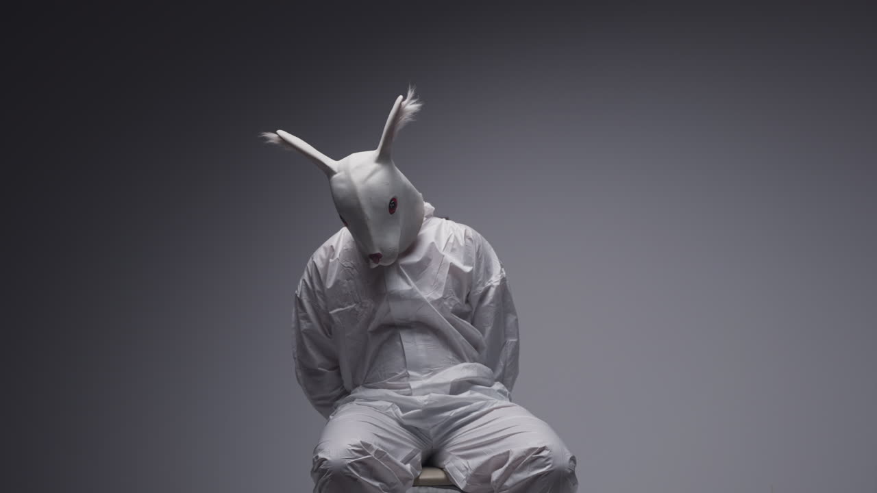 Person Wearing a Rabbit Mask and Tied Up in a Studio