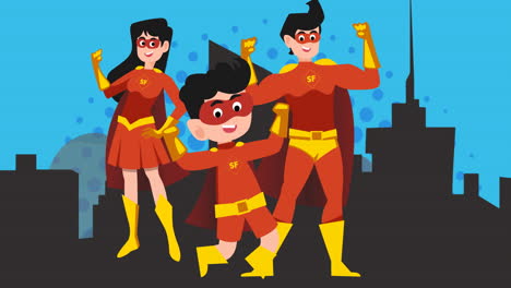 animation of superhero family together on blue background