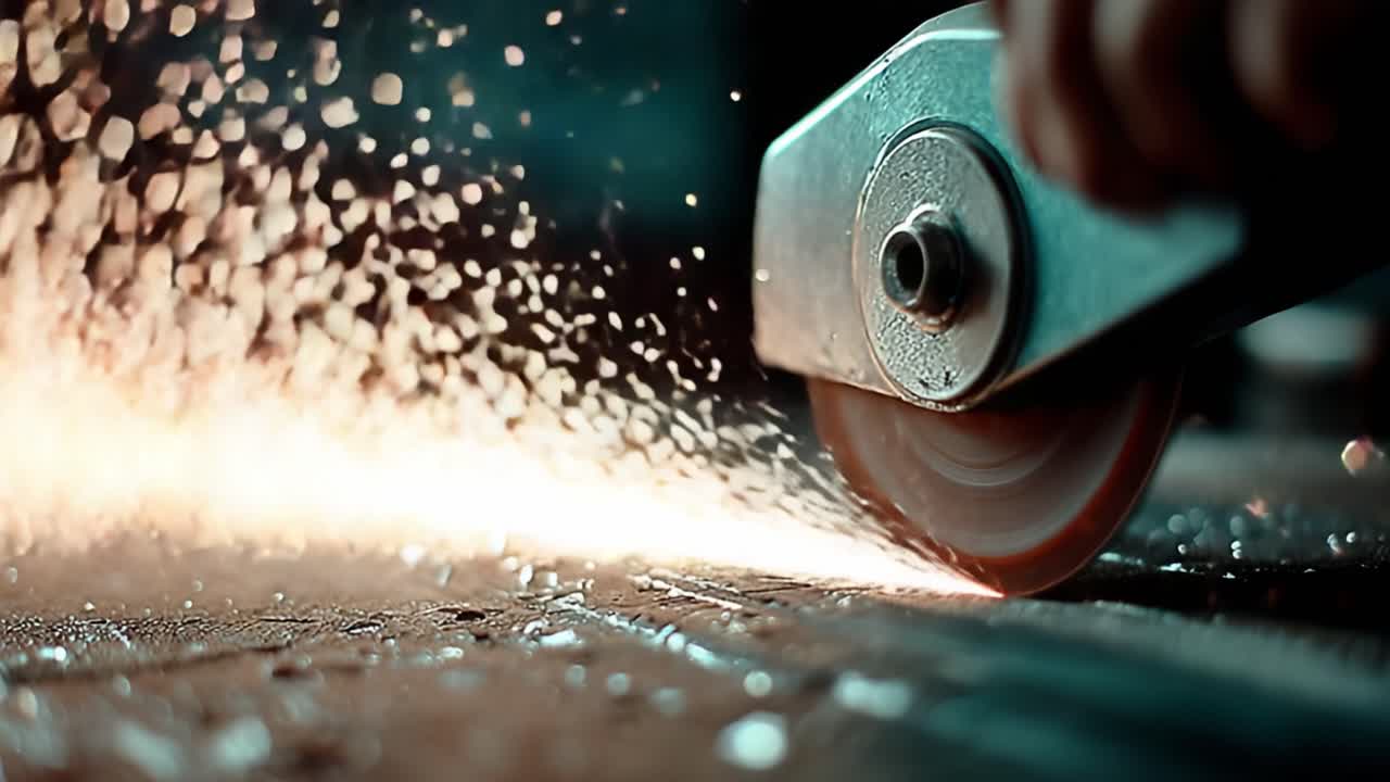 An Up-Close View of Precision Cutting in Action: Sparks Fly as a Circular Blade Grinds Through Metal with Steady Control and Powerful Energy