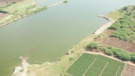 Atemberaubende-Naturkulisse-Aus-Fluss-Und-Grünen-Feldern-Im-Ländlichen-Gebiet-In-Maharashtra,-Indien---Luftdrohne