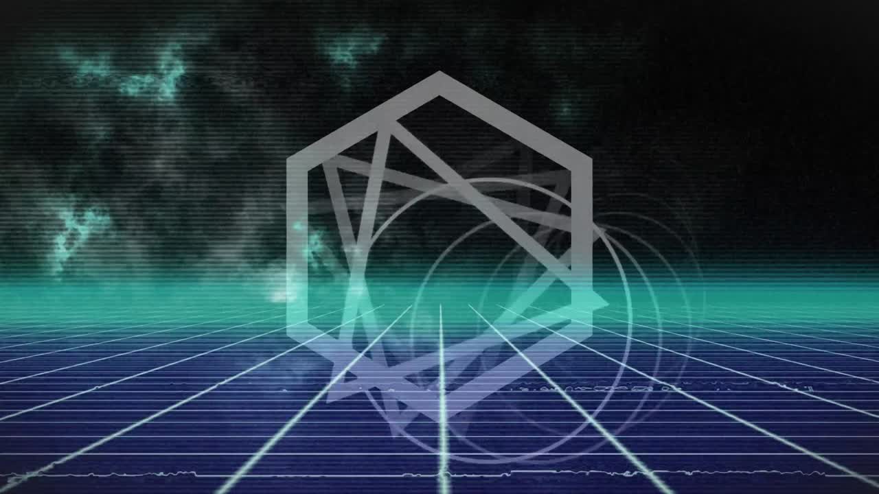 빛나는 파란색 그리드와 지평선 위에서 회전하는 회색 모양의 애니메이션, 검은색으로 이동