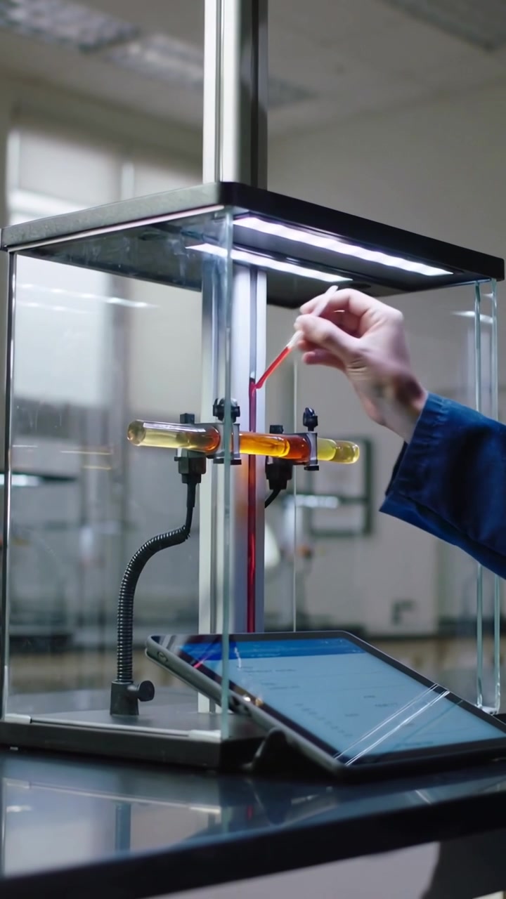 Vertical video: Tablet pinging lab-coated hand inserting probe into tube testing fluid at bench