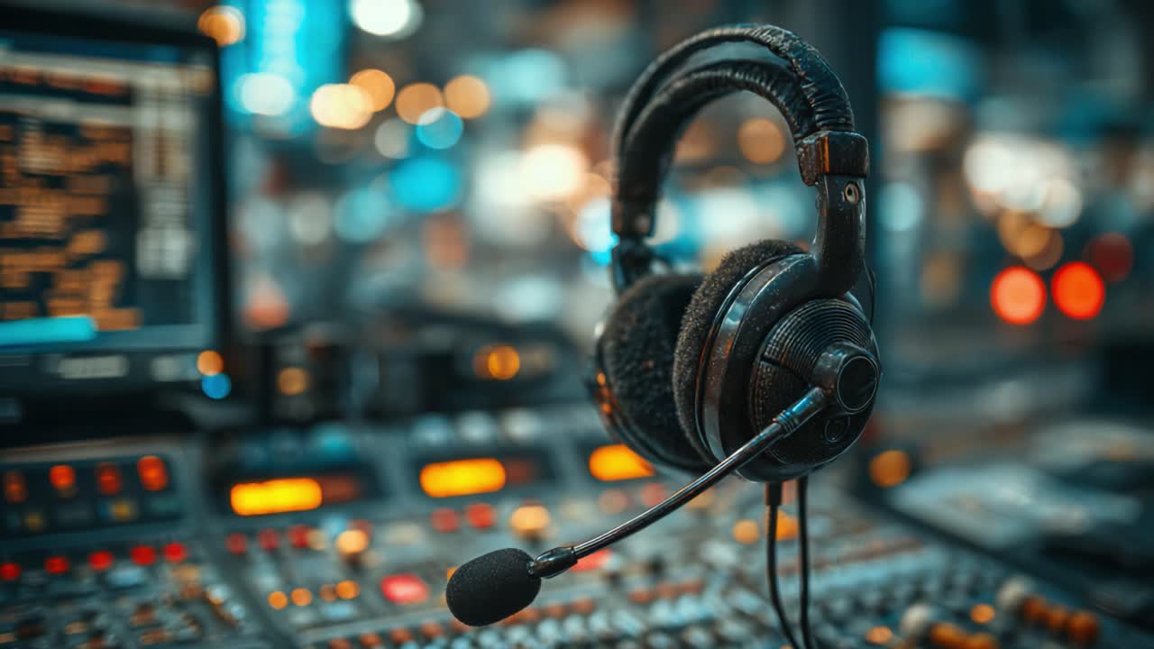 A Close-Up View of Professional Headphones on a Audio Mixing Console, Perfect for Showcasing Sound Quality in Production and Recording Environments