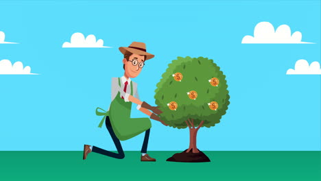 elegant gardener businnessman with coins tree character animated
