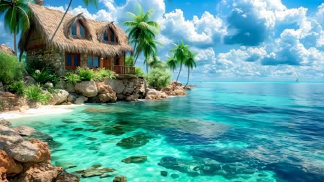 a house on a tropical island in the middle of the ocean