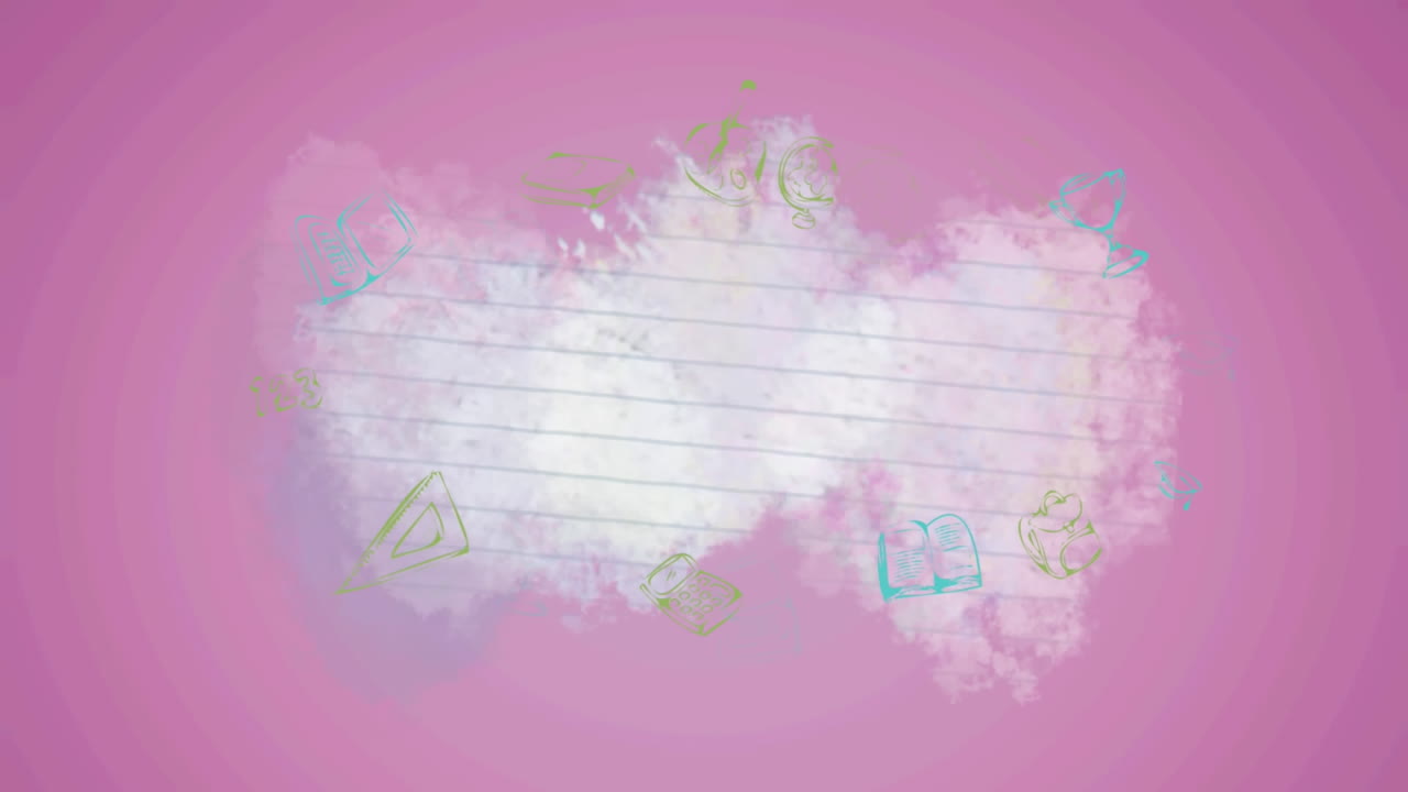animación de los iconos de los artículos escolares en fondo rosa
