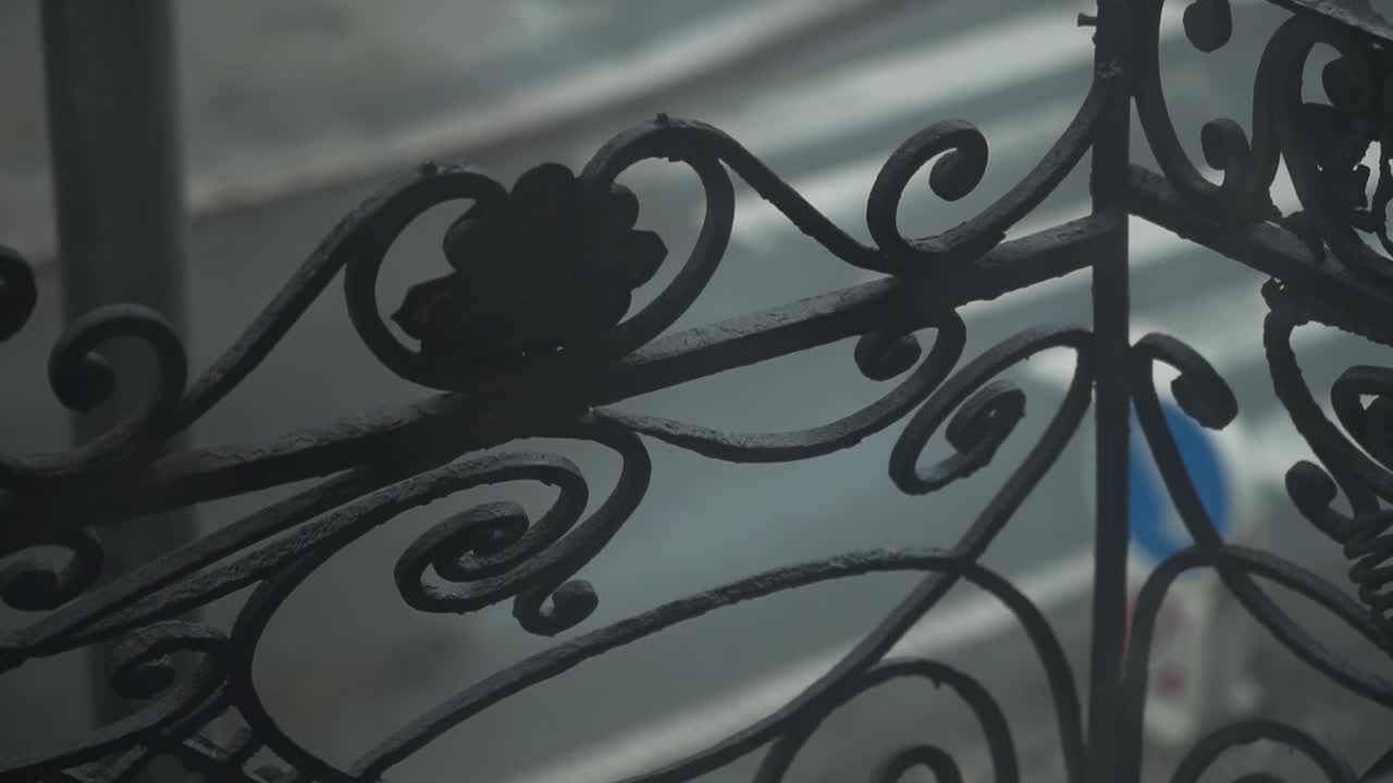 Old school metal balcony railing with decoration - spirals and leaves, cars in a background
