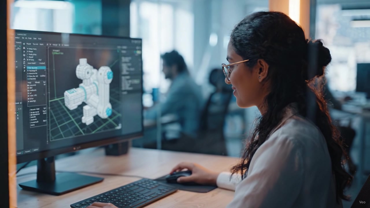A focused individual working on advanced 3D modeling software, displaying creativity and technical skill while creating a digital representation of a mechanical object.