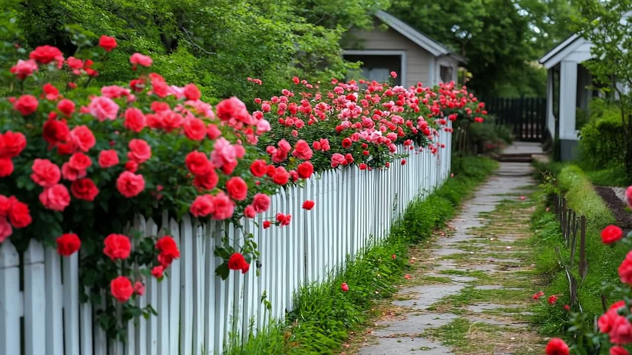 Blooming rose garden path. Colorful roses line a charming walkway, enhancing the peaceful atmosphere of a garden in spring.