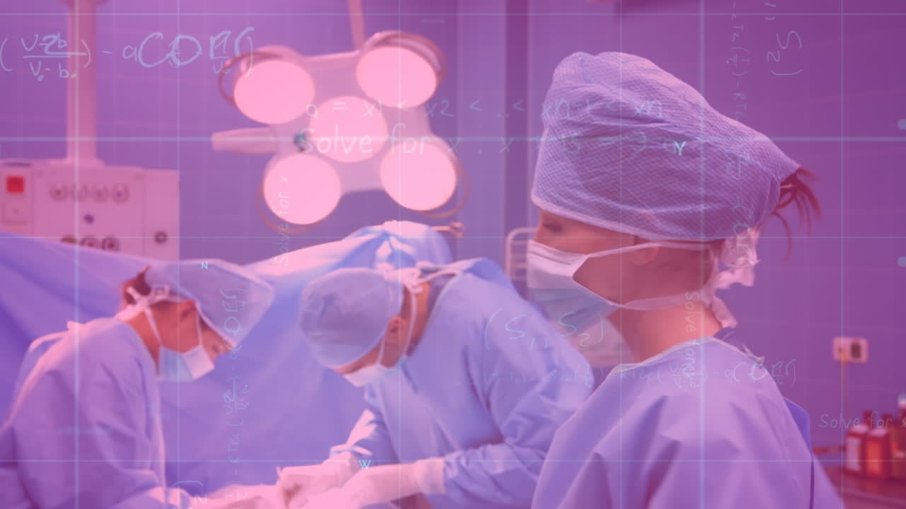 수술실에서 백인 외과 의사에 대한 재무 데이터 처리의 애니메이션