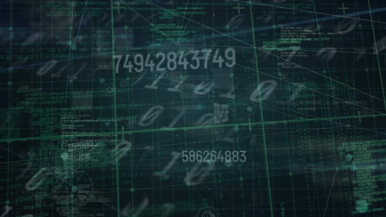 Animation of numbers, binary codes, data processing with connecting dots on digital interface