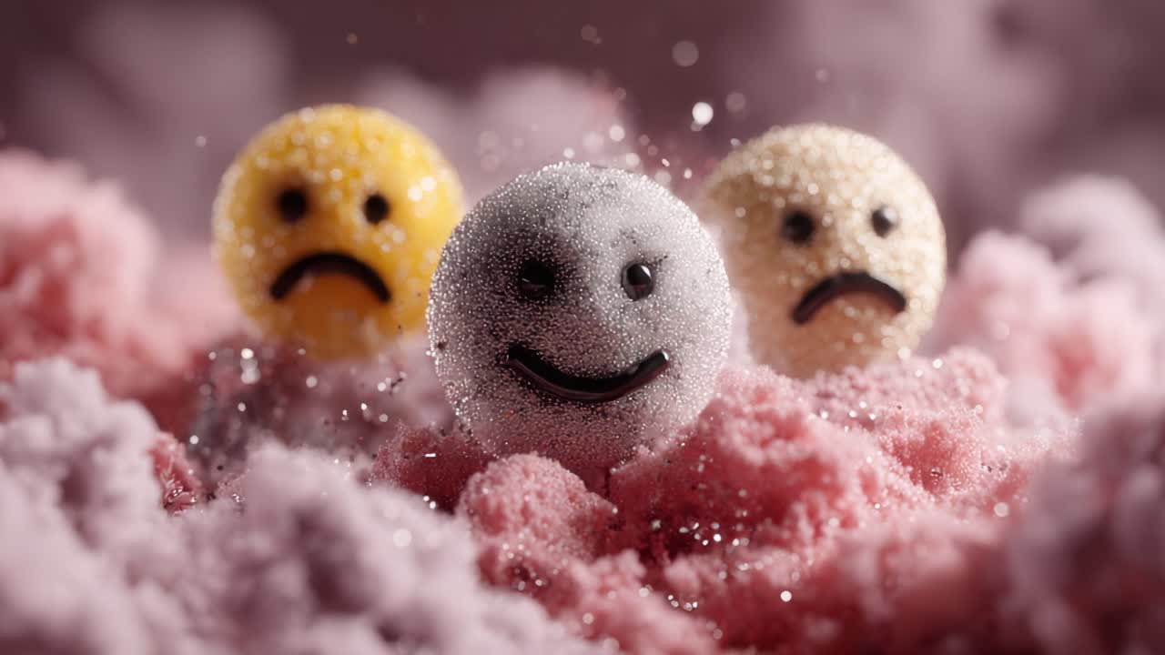 Three Playful Faces Among a Colorful Cloud of Cotton Candy, Expressing a Range of Emotions, from Joy to Sadness with a Touch of Whimsy in a Dreamlike Setting