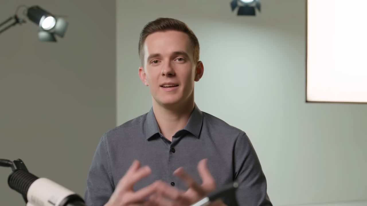 Man Speaking In Studio With Microphone, Expressive Hand Gestures, Soft Key Lighting, Neutral Backdrop, Lamp