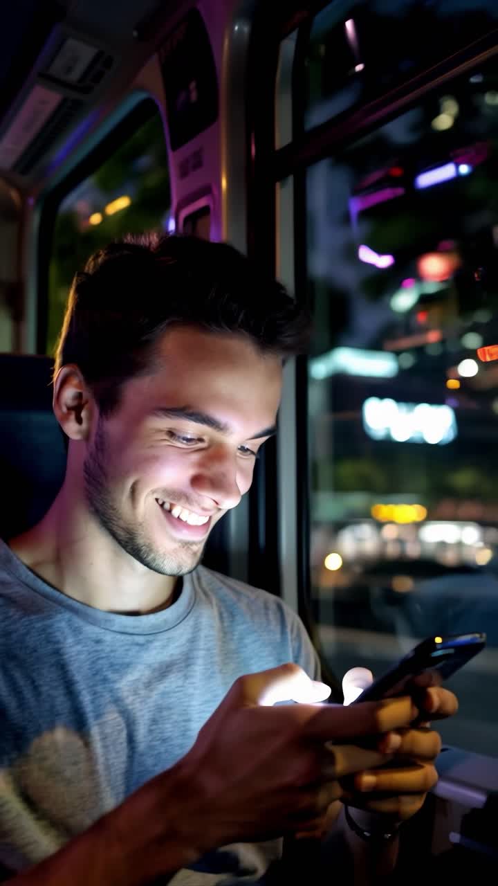 joven usando un teléfono inteligente en un autobús nocturno