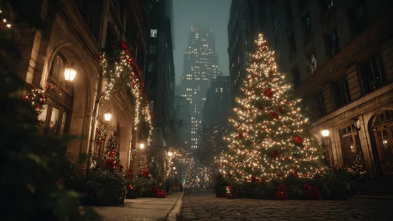 A Magical Winter Evening: A Cozy Street Adorned with Twinkling Holiday Lights and Festive Christmas Trees, Creating a Charming Atmosphere in the Heart of the City
