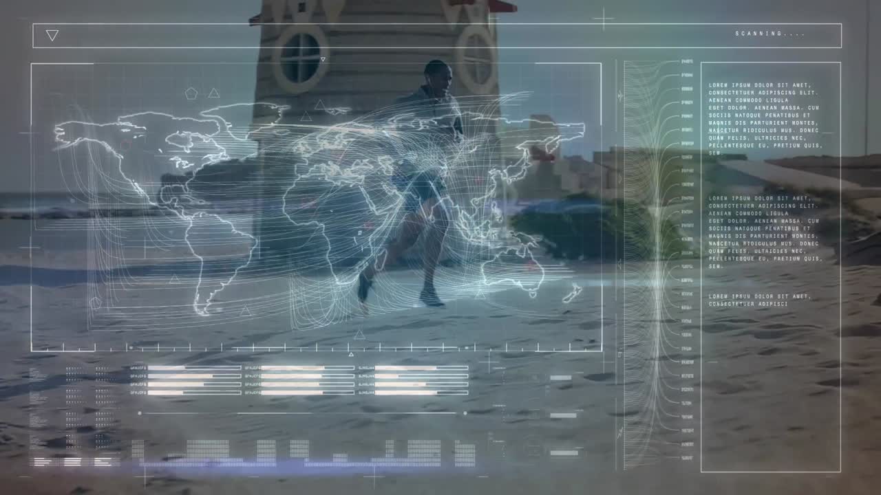Animation of data processing over fit man running at beach
