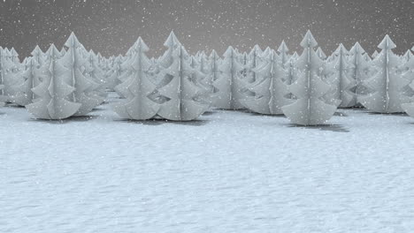 snow falling over multiple trees on winter landscape against grey background