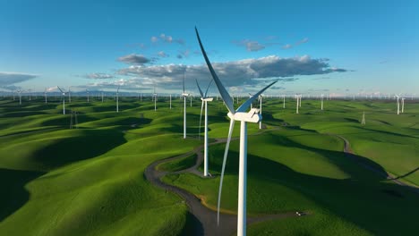 close up of wind turbine generating clean energy on wind turbine farm, monetzuma hills california