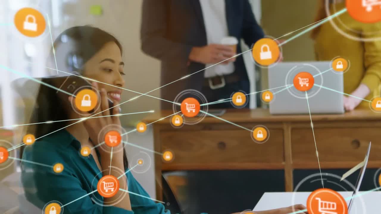 Animation of network of connections with icons over businesswoman using smartphone