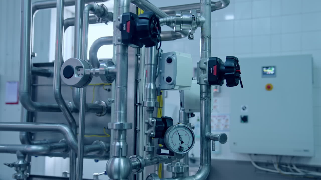 Food processing plant. New industrial equipment with metal pipes and modern appliances inside the milk factory.