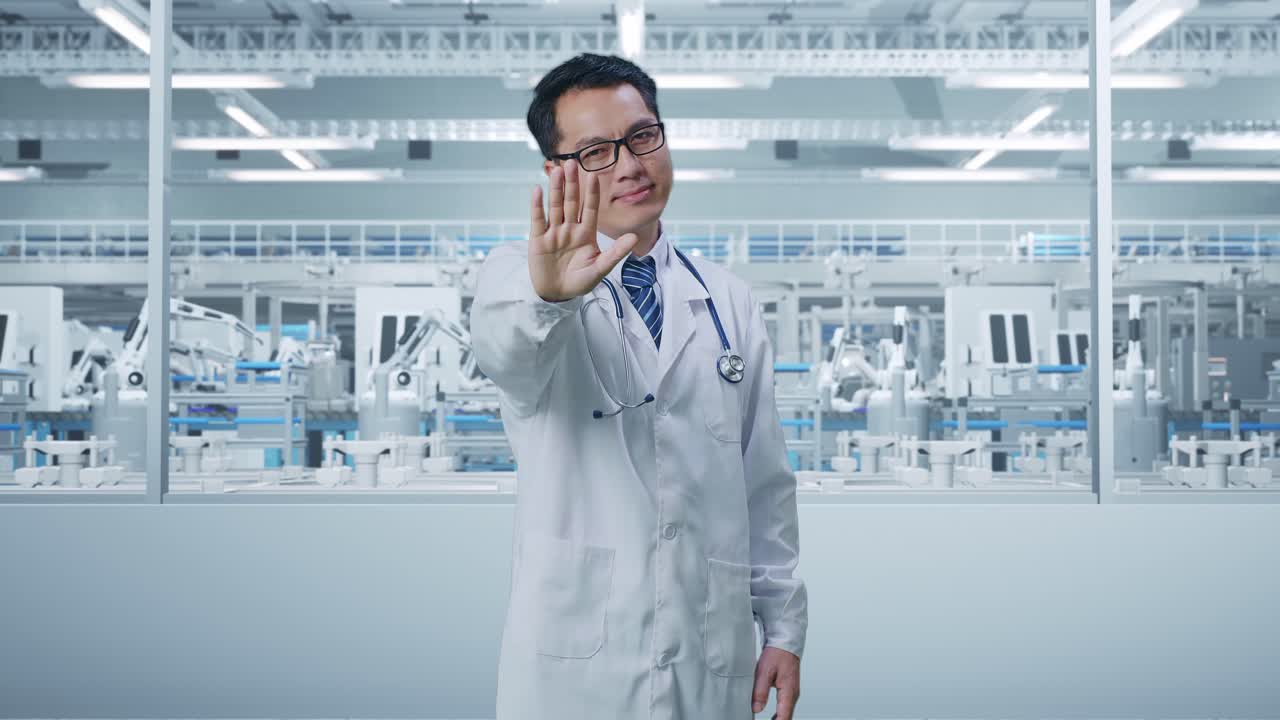 Asian Male Doctor With Stethoscope Making Stop Gesture While Standing In Laboratory
