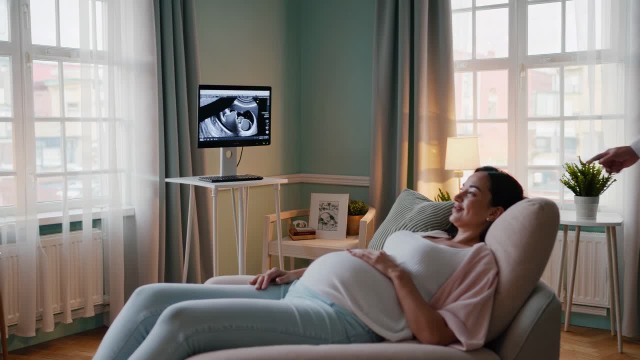 임신 중인 어머니가 편안하게 휴식을 취하는 동안 스크린에서 초음파 결과를 강조하는 의료 전문가. 다가오는 부모의 흥분과 기대를 공유하는 태아 발달을 검사합니다.