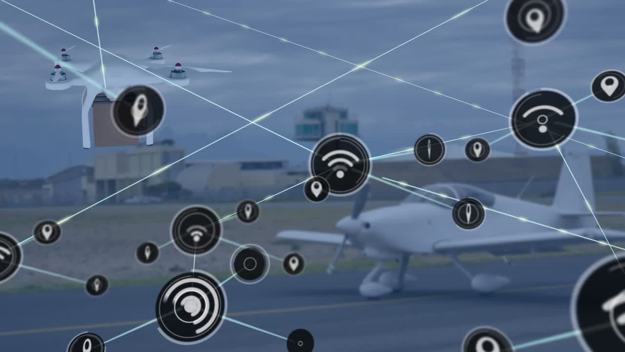 animación de la red de conexiones a través de drones con paquetes a través del aeropuerto