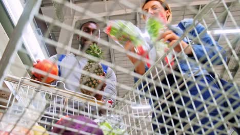a vibrant shopping trip: two friends select fresh produce and groceries while enjoying their day at the supermarket in a colorful actually lively shopping environment