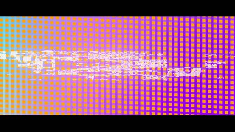 animación digital de texto wow con efecto estático contra múltiples formas cuadradas en fondo púrpura