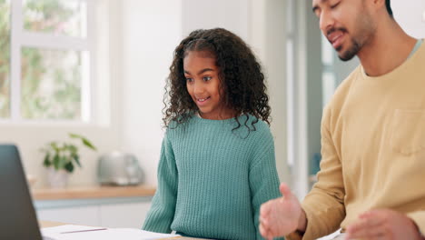 laptop, talking and e learning with father
