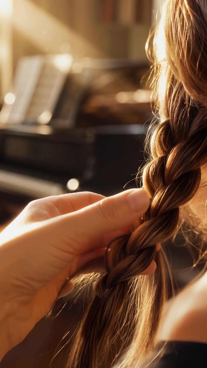 Close over shoulder view of long light brown braid being gently handled inside warm sunlight, visible action moving from holding through adjusting to releasing as fingertips smooth strands