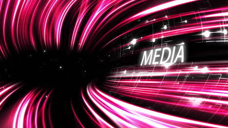 swirling pink and white lines with media text, futuristic animation