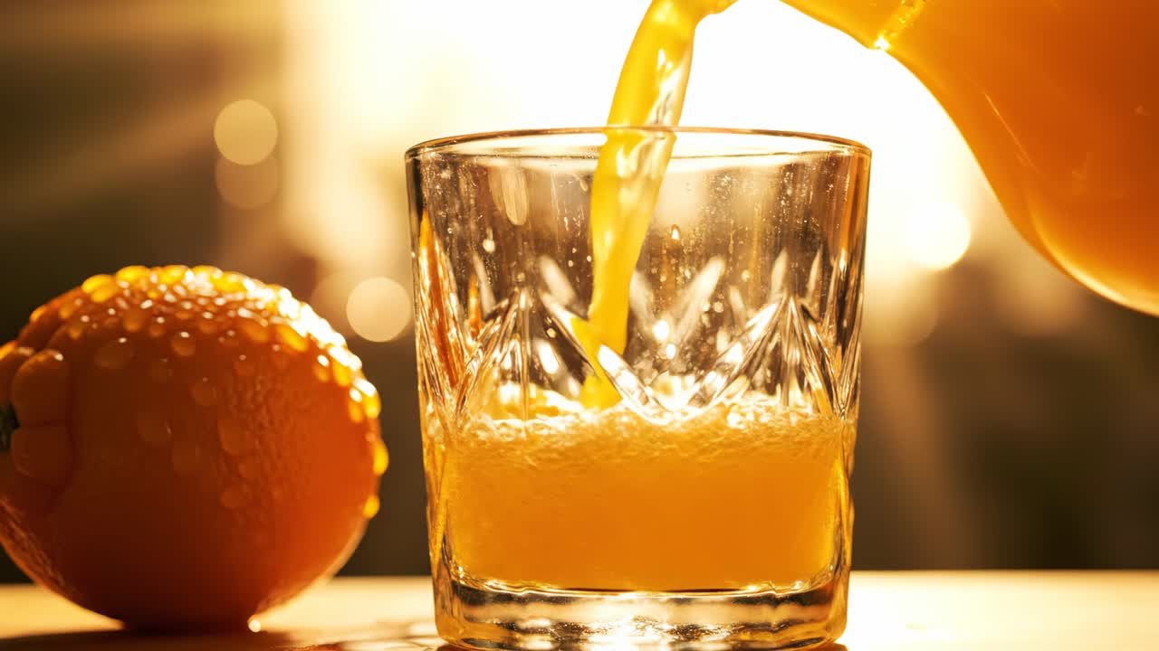 Freshly squeezed orange juice being poured into a glass