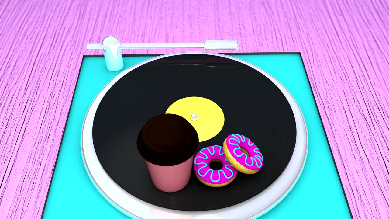 Contemporary art of gramophone with vinyl record and disposable cups for coffee/tea. Looped 3D animation.