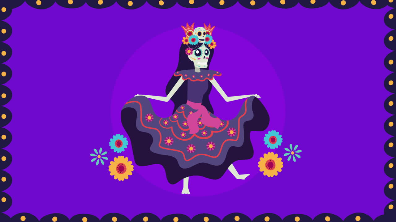 animación viva mexico con el personaje de danza del cráneo de catrina