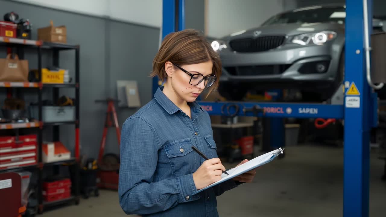 Reviewing form on clipboard, automotive technician writing inspection notes under sedan at garage