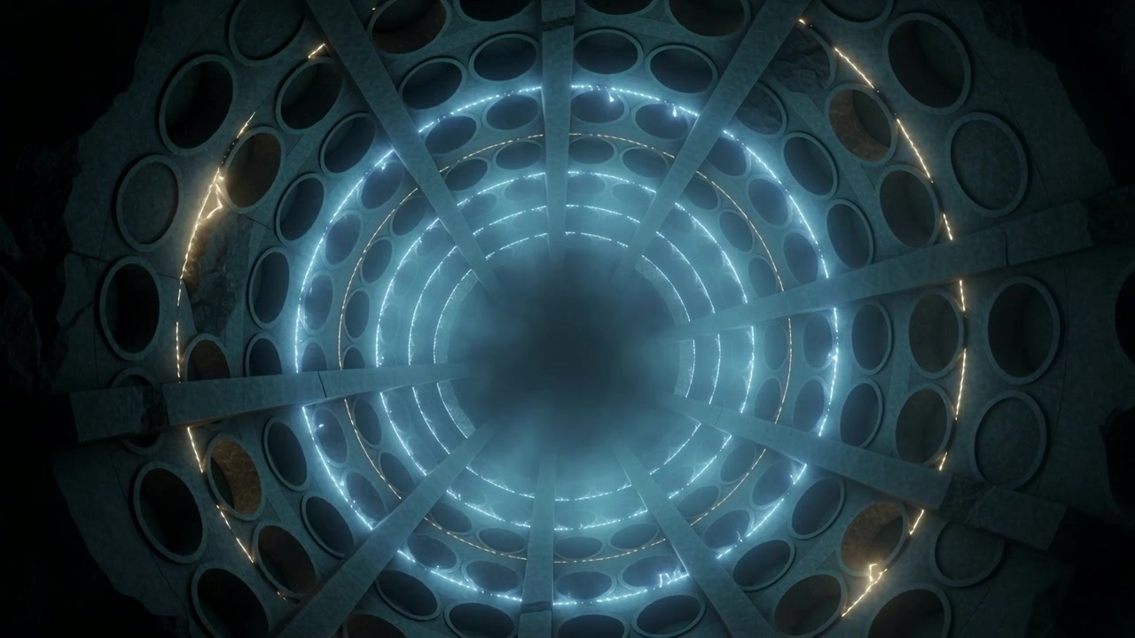 Pulsing chamber reacting to surge, lighting spokes and blue rings with amber trails, powering core