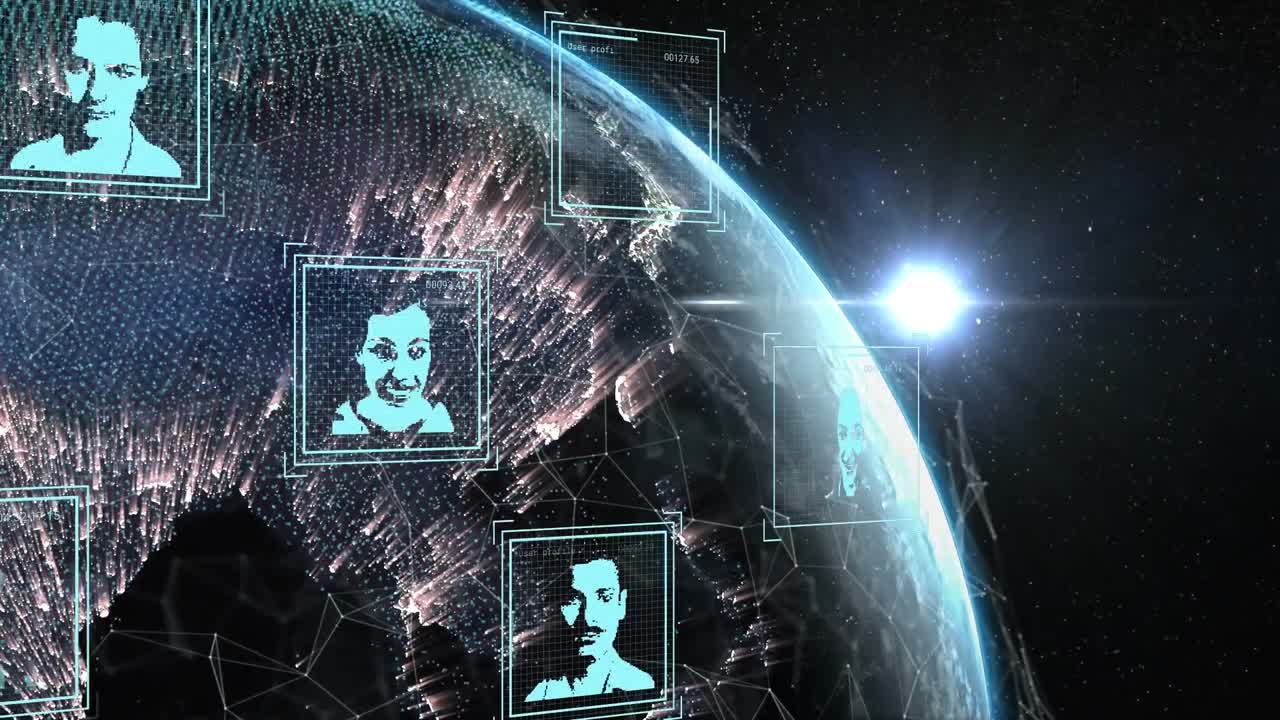 анимация нескольких икон профиля на глобусе и яркого светового пятна в пространстве.